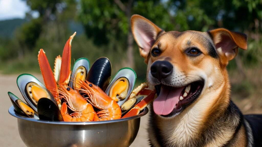 Happy dog next to seafood bowl. can dogs eat seafood