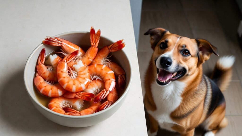 Bowl of plain cooked shrimp next to a happy dog.