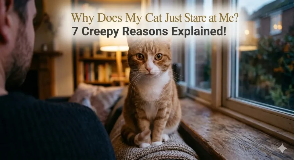 Alt-Text: A ginger cat sitting on a blanket looking directly at its owner to answer the question why does my cat just stare at me as part of a guide explaining feline behavior.